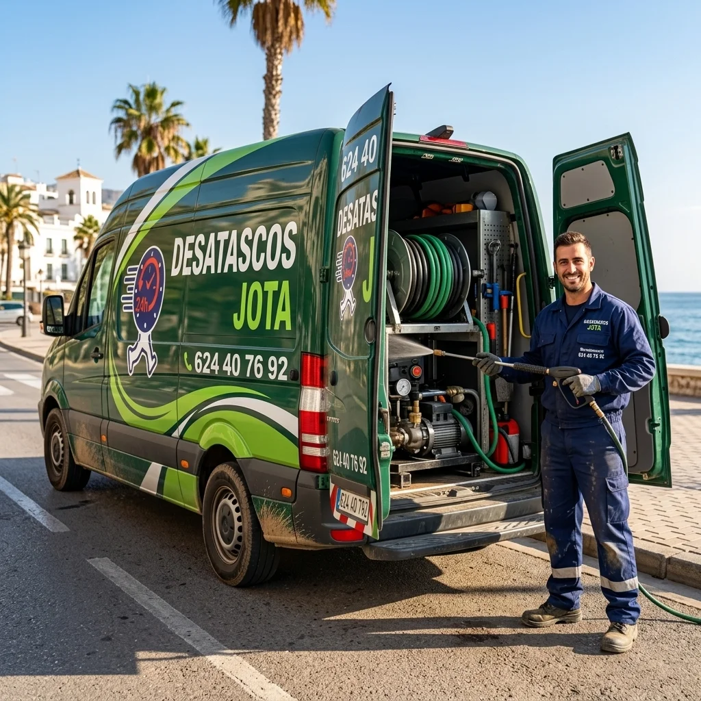 Furgoneta de desatascos de Desatascos Jota realizando un servicio de desatascos en Malaga